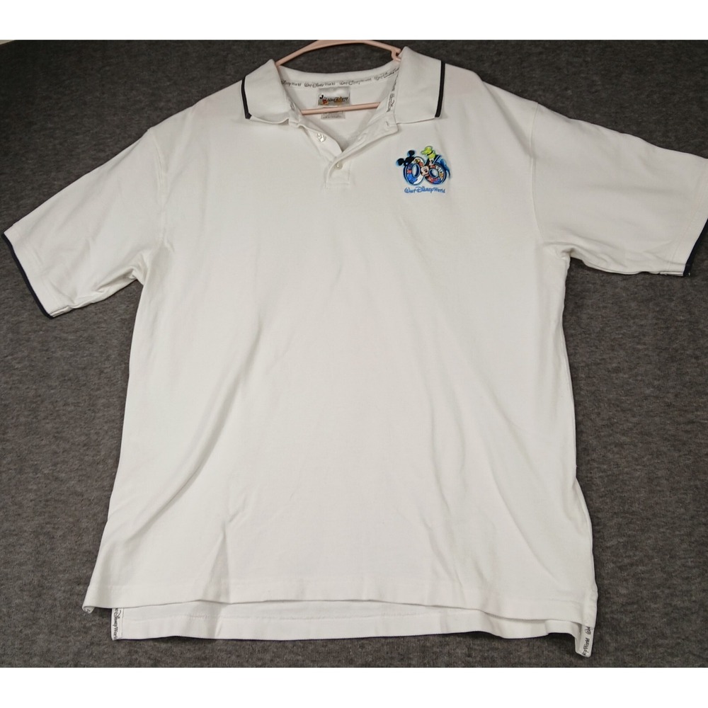 Walt Disney World Men Polo Size XL White Blue Trim 2006 Patch Front Embroidered